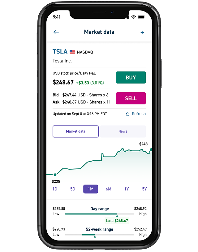 An iPhone showing the quote screen on the Qtrade app