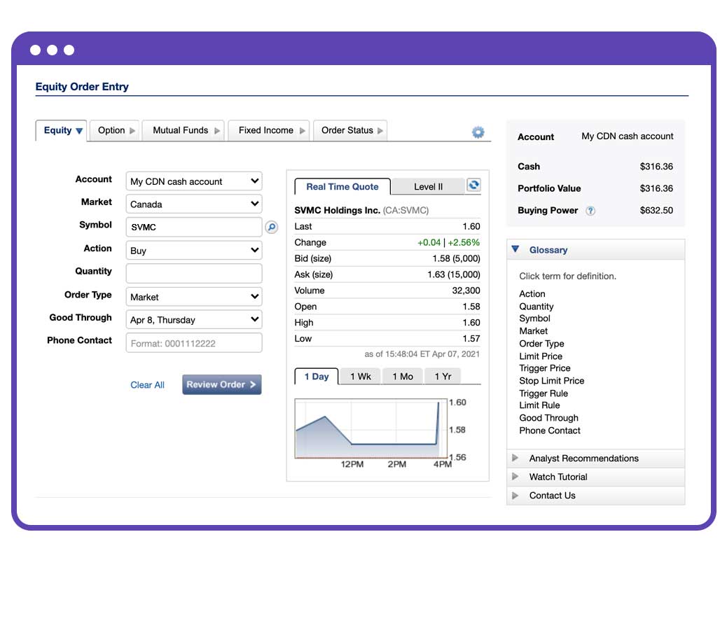 A Mac desktop screen showing an equity order entry screen