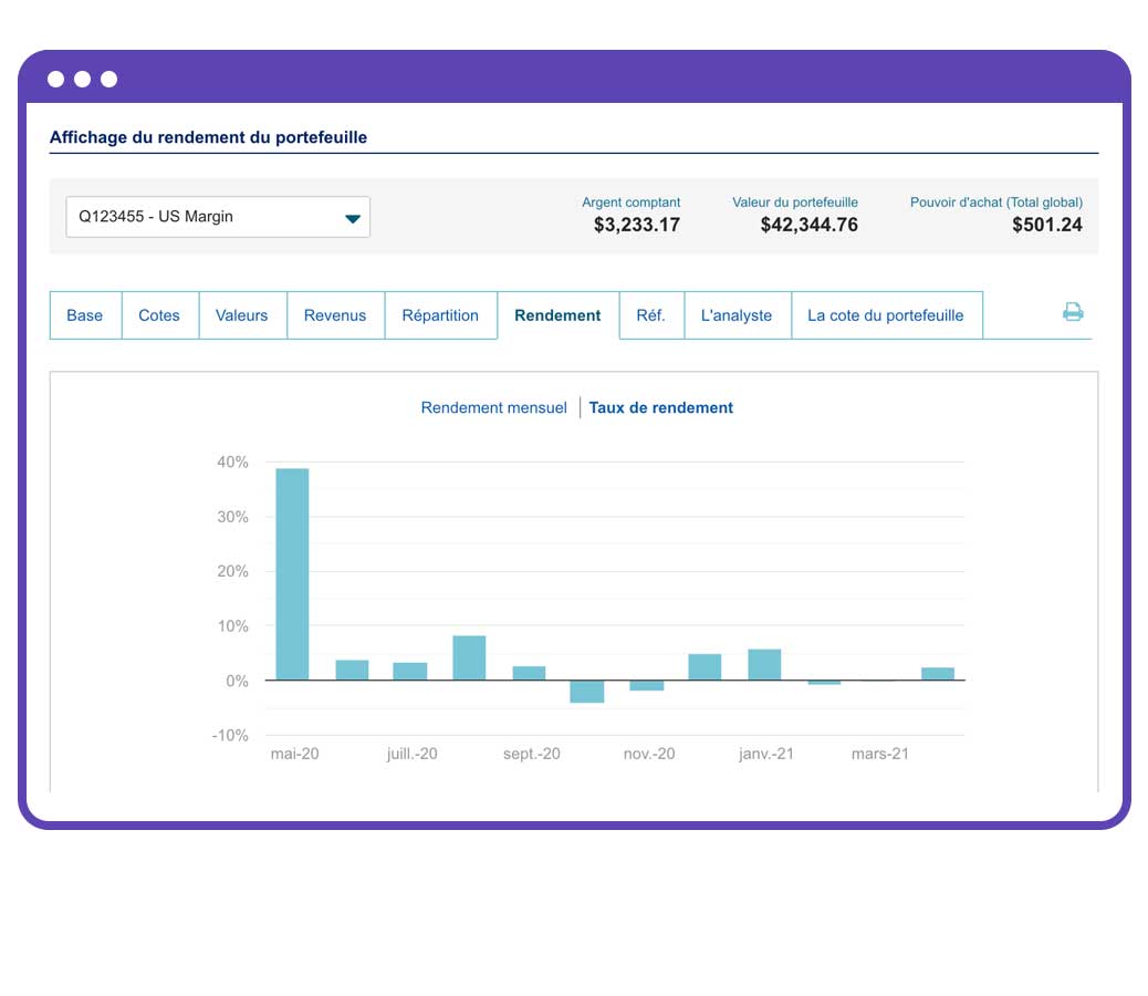 Cette image montre comment vous pouvez obtenir des données et des renseignements sur vos comptes et vos placements, comparer le rendement par rapport aux indices de référence, passer facilement d’un affichage à l’autre et voir les transactions dans votre compte depuis sa création.