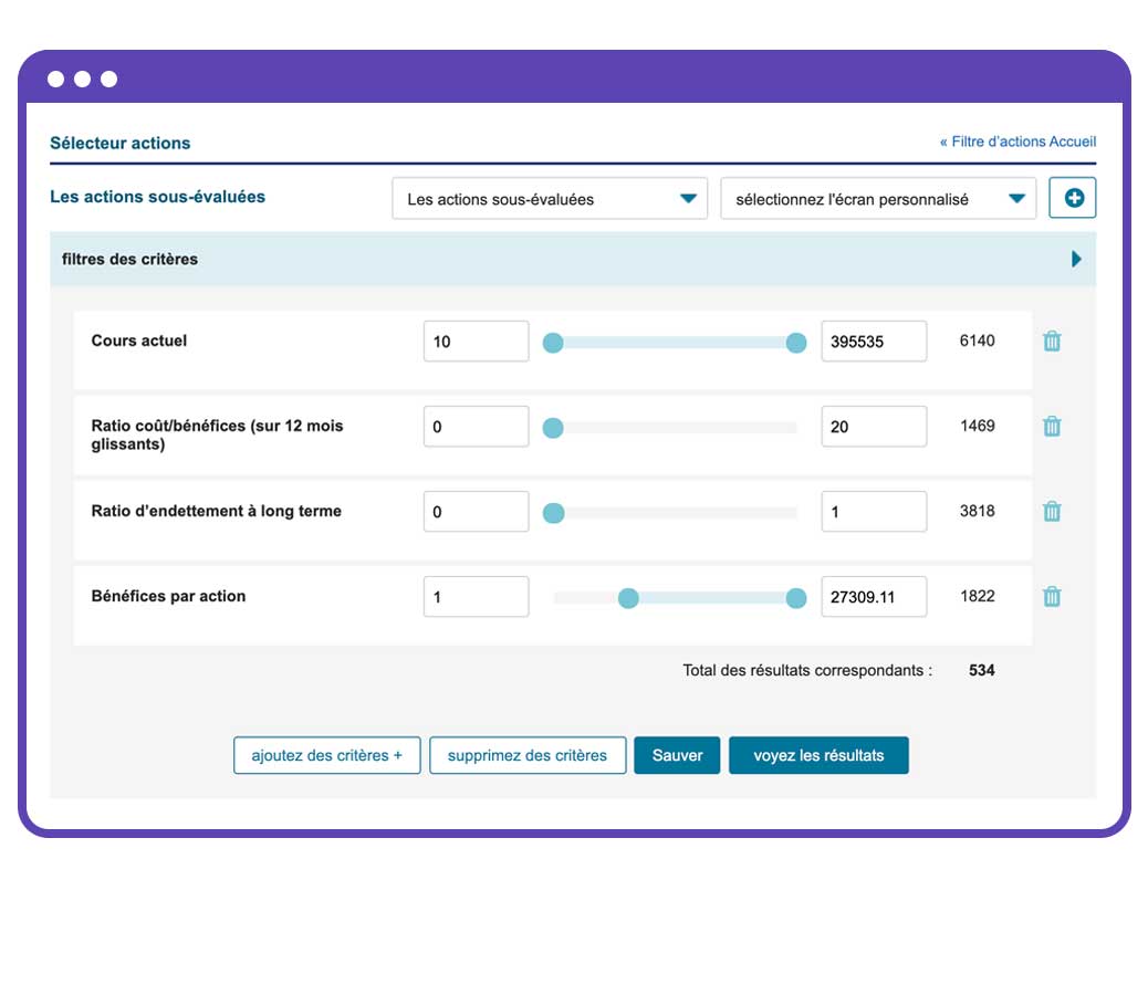 Cette image montre le filtre d’actions de Qtrade que les investisseurs utilisent pour trier de milliers d’actions, de fonds communs de placement et de FNB, et trouver ceux qui correspondent à leurs objectifs. 